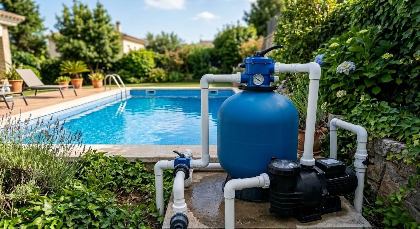 Depuradora de piscina funcionando para mantener el agua limpia y cristalina